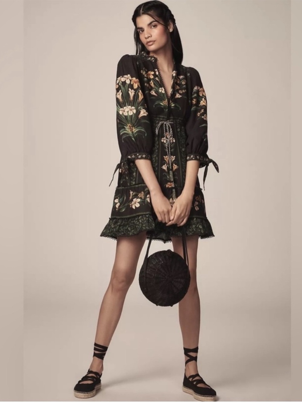 FARM Rio Black Flowers Arch Lenzing Ecovero Euroflax Mini Dress - Picture 2 of 11